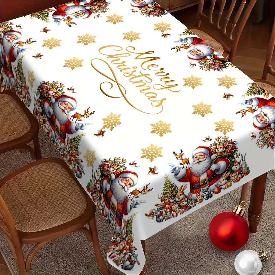 Merry Christmas Themed Santa Claus Snowflakes Tablecloth for Table Decor Winter Xmas Reindeer Table Cloth Christmas Decorations
