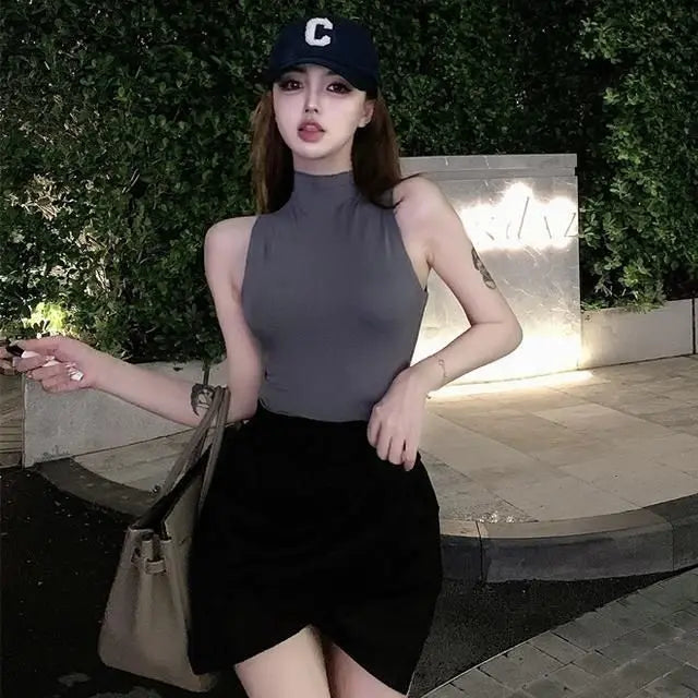 Sexy Tank Top Solid Halter Crop Tops Women Summer Camis Turtleneck Camisole Fashion Casual Tube Female Sleeveless Cropped Vest