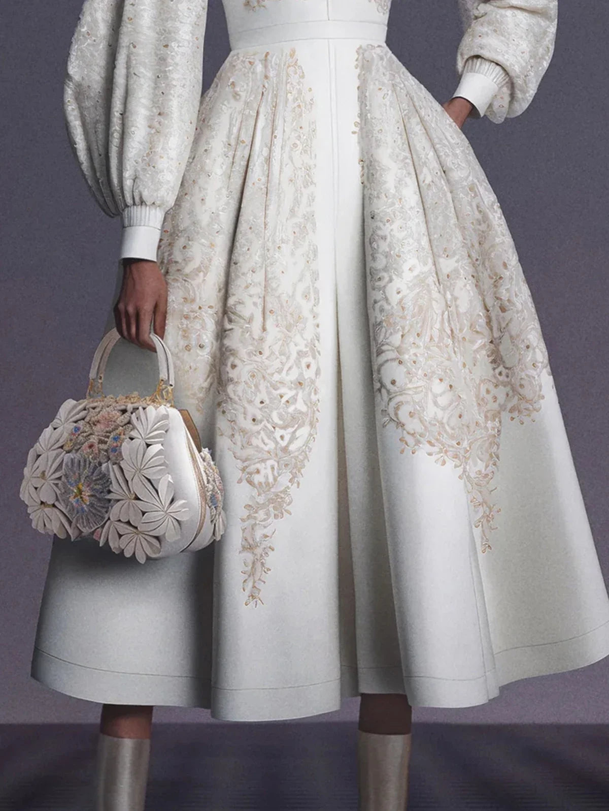 Elegant Women A-Line Mid-Length Dress Vintage Floral Pattern Print Fashionable Stand Collar Lantern Sleeves Evening Party Dress