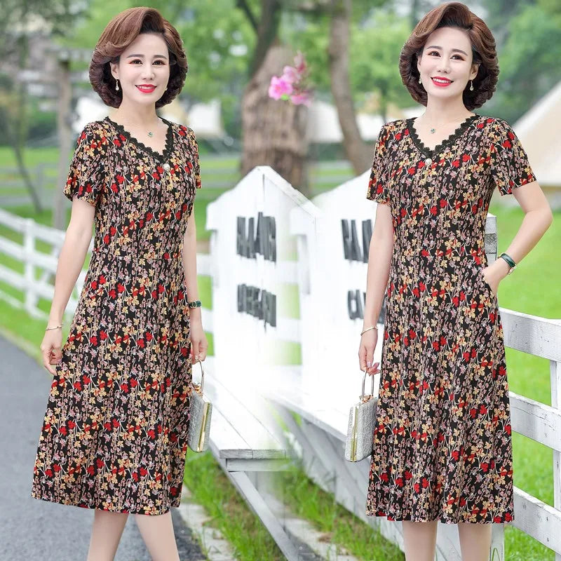 Elegant Women Dress Elegant Casual V-Neck Print Vintage Ladies Mid-Calf High Waist Summer Bohemian Dresses