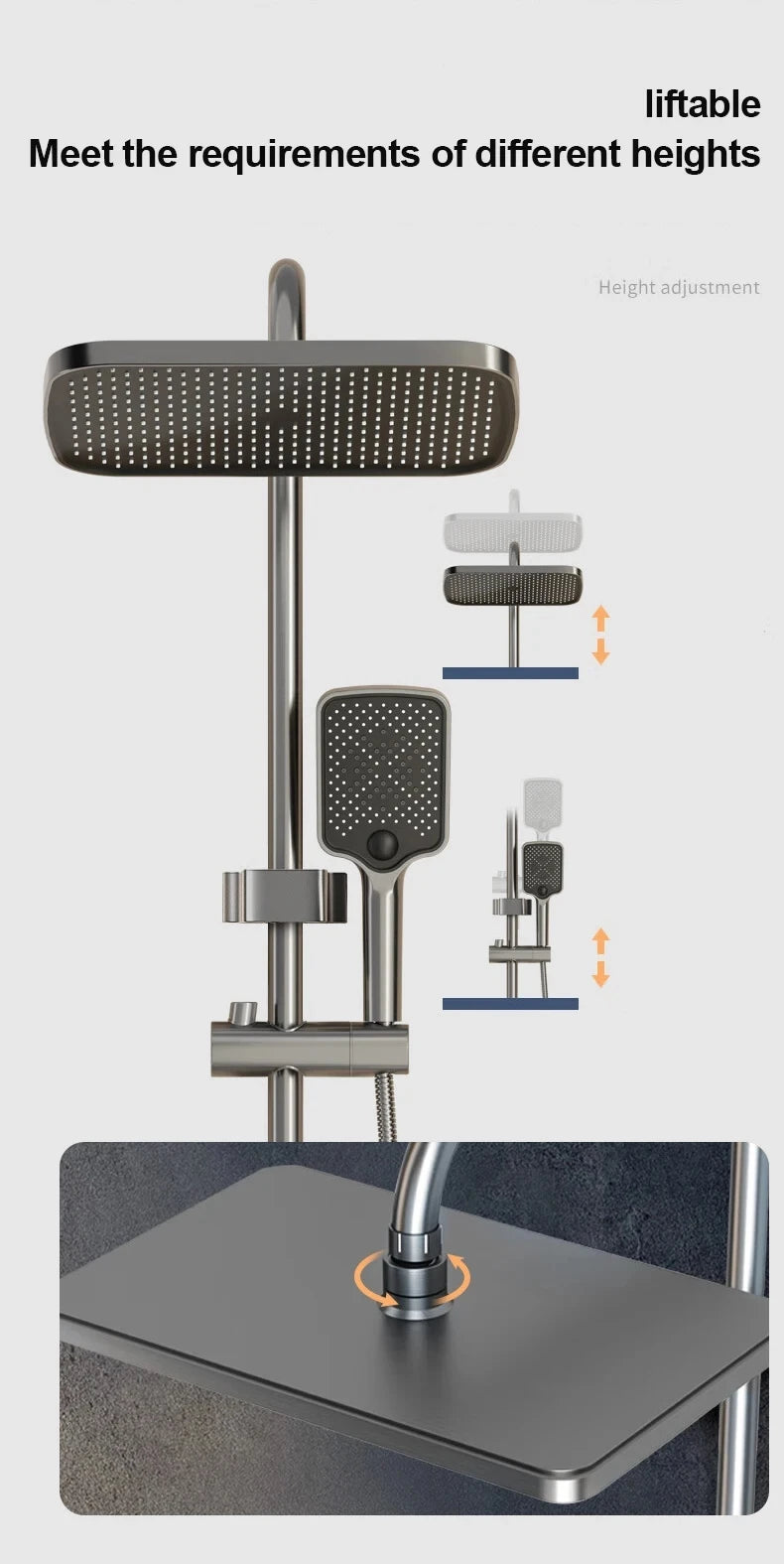 NONEM copper shower set with digital display, 4 functions, height adjustable, overhead rain shower and handheld unit.