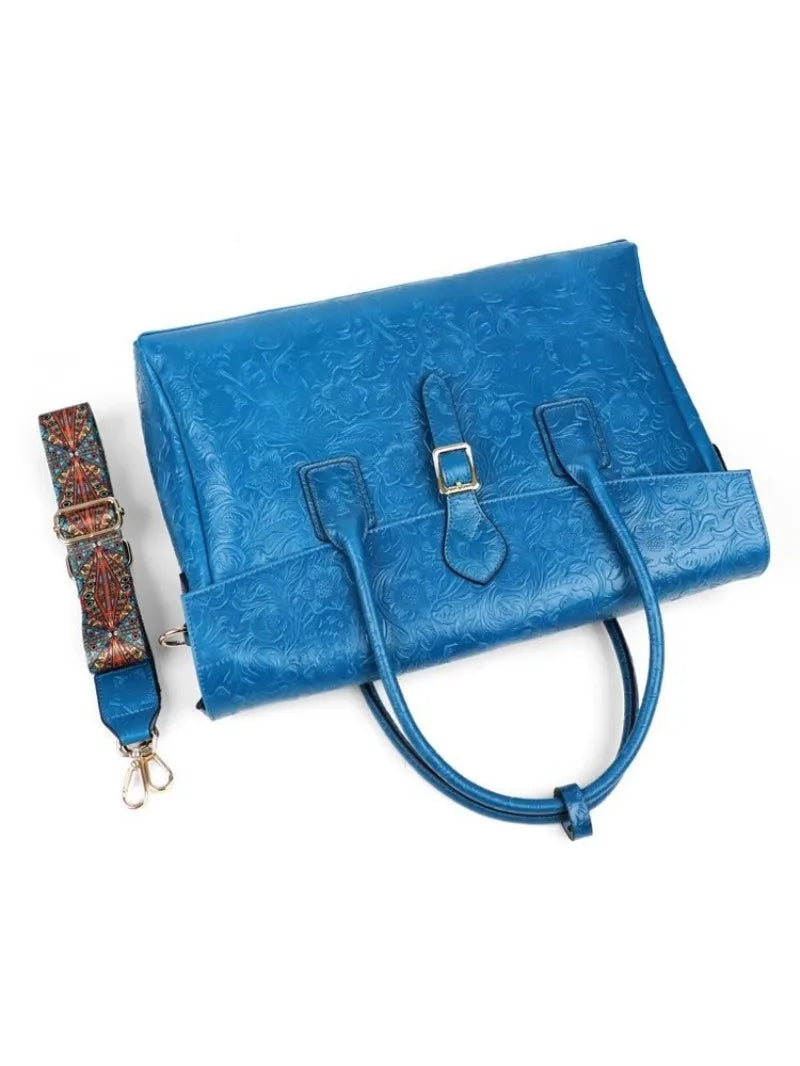 Vintage flower carved leather bag  single shoulder briefcase & business satchel