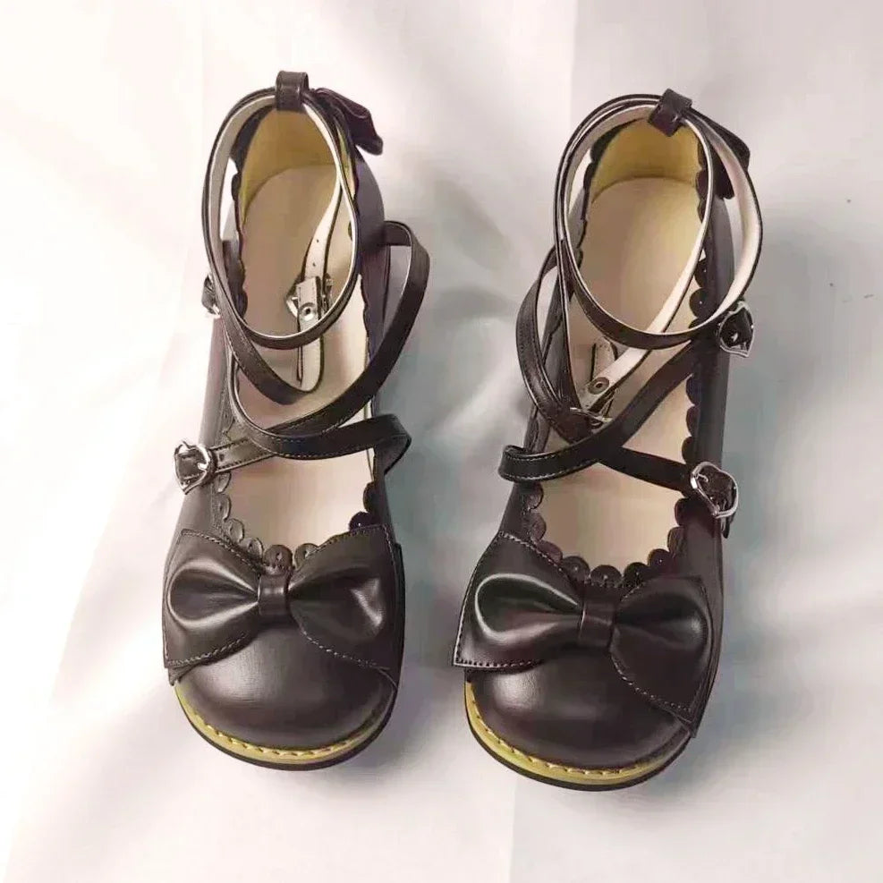 Lolita Schuhe Damen 2025 - Flats Low Round Cross Straps Schleife - Süße Mädchen Prinzessin Tea Party Schuhe Studenten 34-41