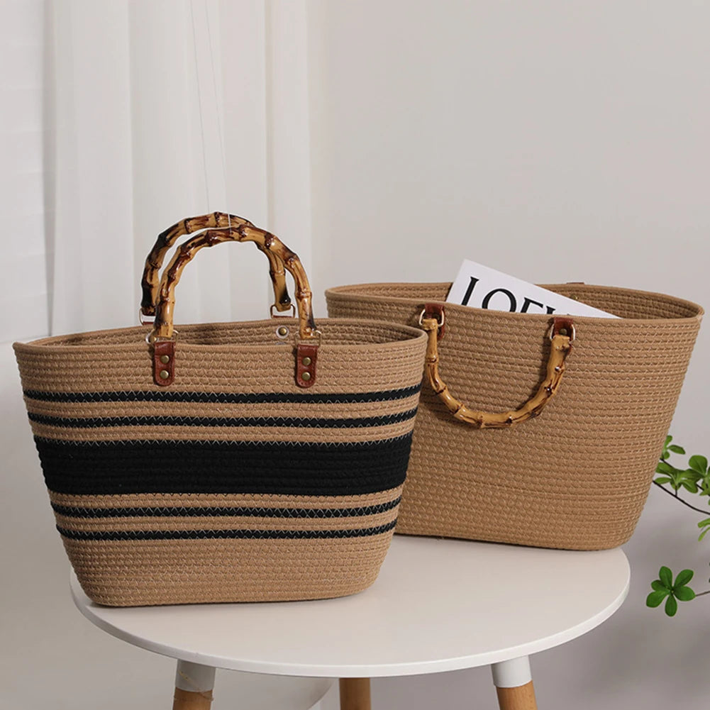 Beach Vacation Bags Bamboo Handle Holiday Hand Bag Large Capacity Striped Portable Casual Fashion Exquisite for Seaside Party