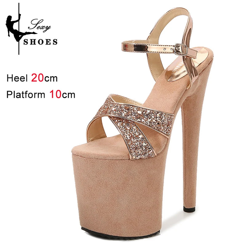 elegant woman shoes with High Heels 20CM Sequined Cloth Platform Modern Sandals Stripper Shoes Red Wedding Women Shoes Pumps