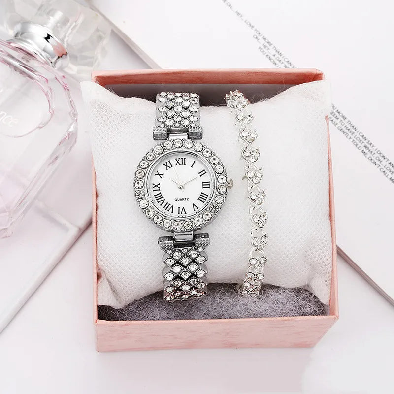 Luxus Damen Glänzende Armbanduhren 2-teiliges Set - Roségold Uhr Mode Damen Elegante Quarz Diamant Armbanduhr