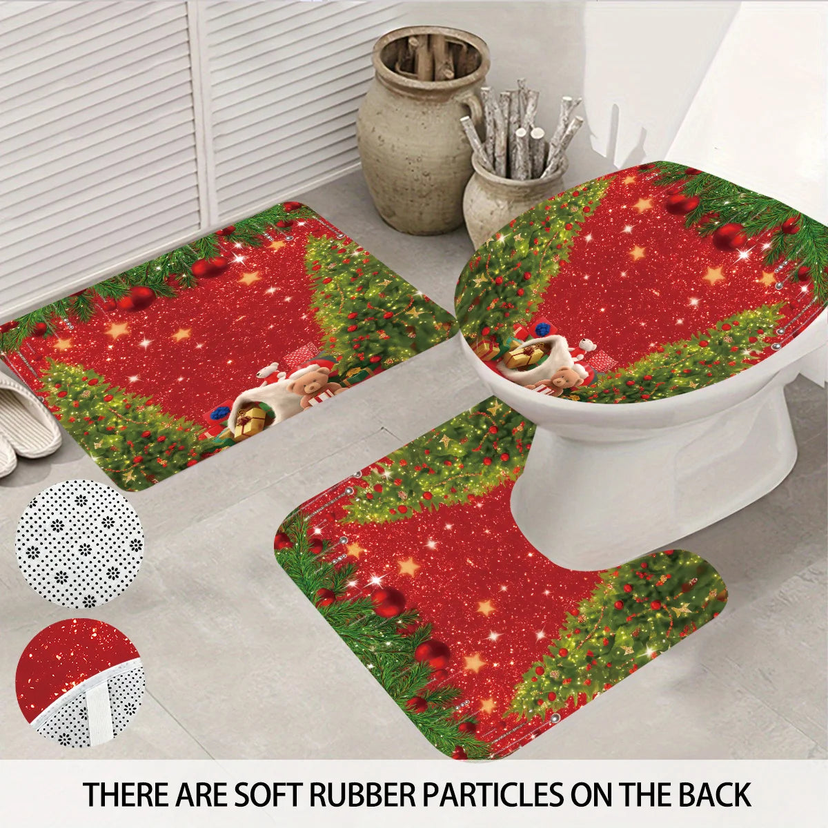 4pcs Merry Christmas Christmas Tree Printed Bathroom Set 180x180 Waterproof Shower Curtain, Floor Mat, U-shaped Mat, Toilet Mat