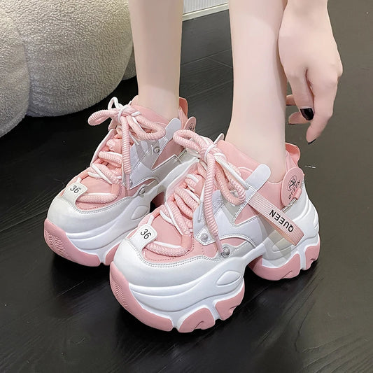 White Chunky Sneakers Women New Autumn Hidden Heel Platform Sports Dad Shoes Woman Lace Up Breathable Mesh Casual Shoes 9.5CM