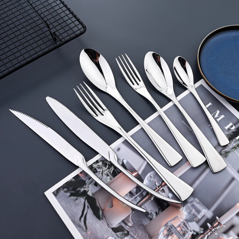 Tafelgeschirr Set Edelstahl 2025 - Küche Besteck Set Schwarz Steak Messer - Dessert Löffel Besteck Gabel Tafelgeschirr Zubehör