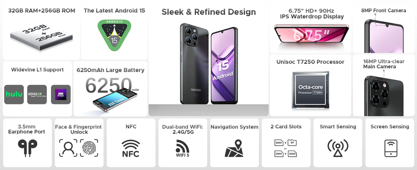 DOOGEE Note58 Pro Großes Display 6,75 Zoll - 6250mAh, 256GB Speicher