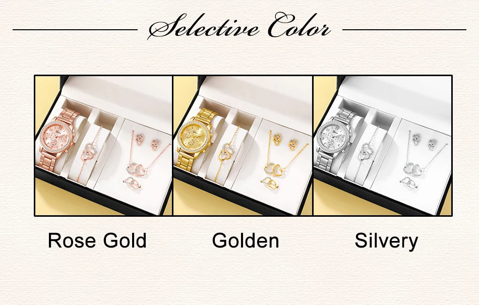 RoséLuxe 6er Set Roségold Schmuckuhr- Strass 38mm Edelstahl
