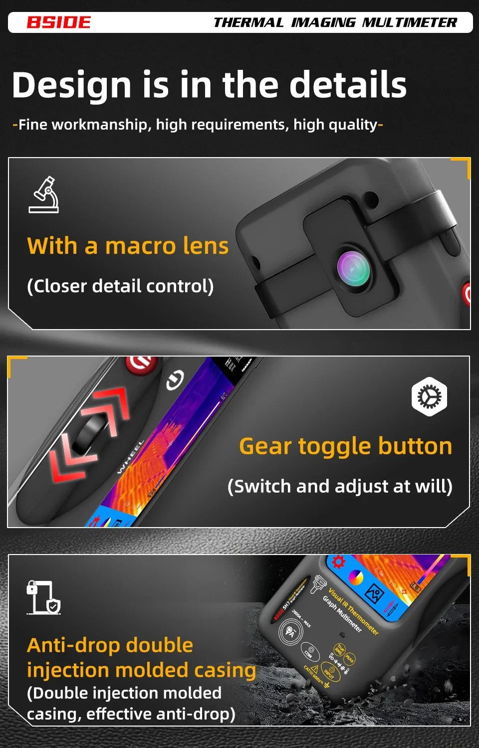 Cameră de termoviziune 2025: BSIDE SH7 320*320 Cameră de termoviziune 20000 de numărări - Multimetru digital cu ecran tactil 2 în 1 Cameră IR Reparații lentile macro Colecție PCB