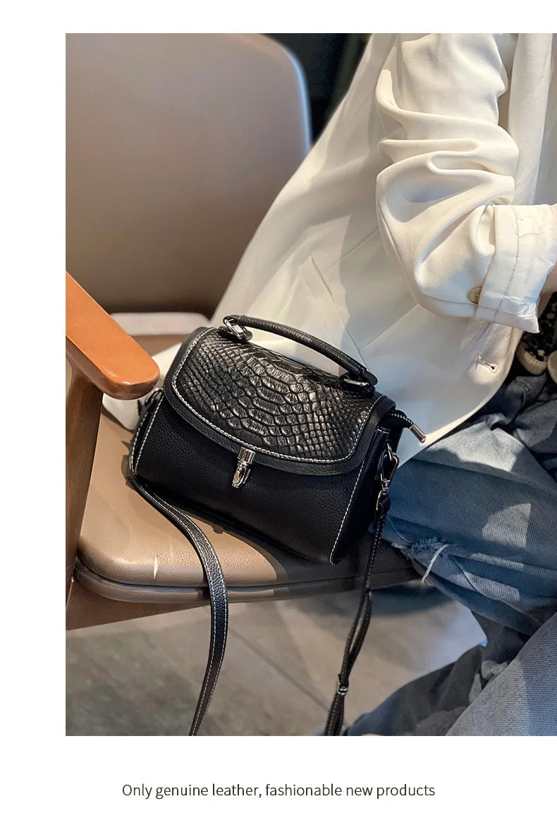 Genuine Leather Women Bag Fashionable Purse for Lady Temperament Crossbody Square Shoulder Bag Cow Leather Versatile Handbag