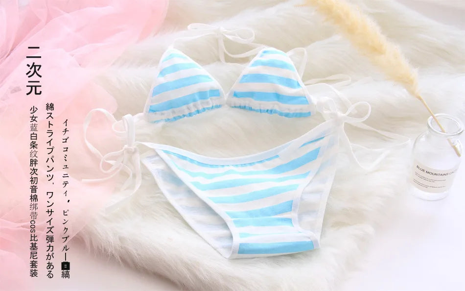 Japanische Lingerie 2025 - Lolita Kawaii Blau Pink Weiß Gestreift Mini-Bikini Cosplay BH Set