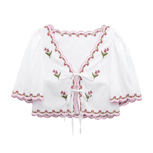 ZBZA Women's Floral Embroidered Shirt V-neck Short Sleeve Front Tie Loose Hem Top Spring and Summer New Versatile Chic Cardigan