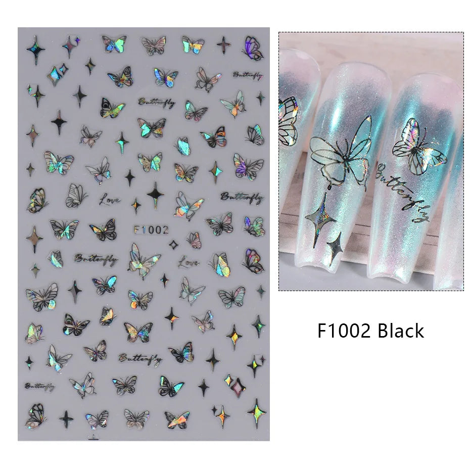 New Spring Fresh Flowers Butterfly 3D Nail Stickers Colorful Laser Butterflies Geometric Pattern Stickers Nail Decoration 1PCS
