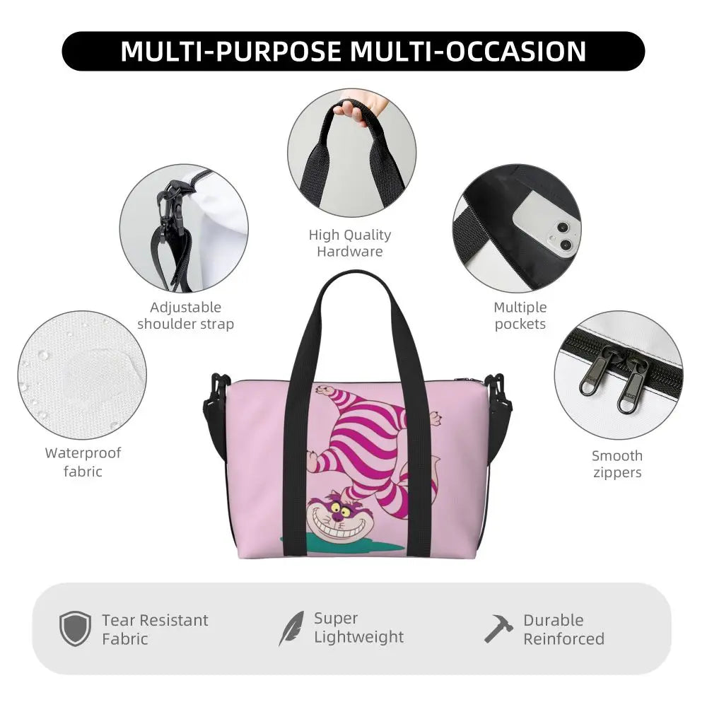 Custom Cheshire Cat Beach Tote Bag for Women We're All Mad Here Cat Big Compartment Gym Beach Travel Bags