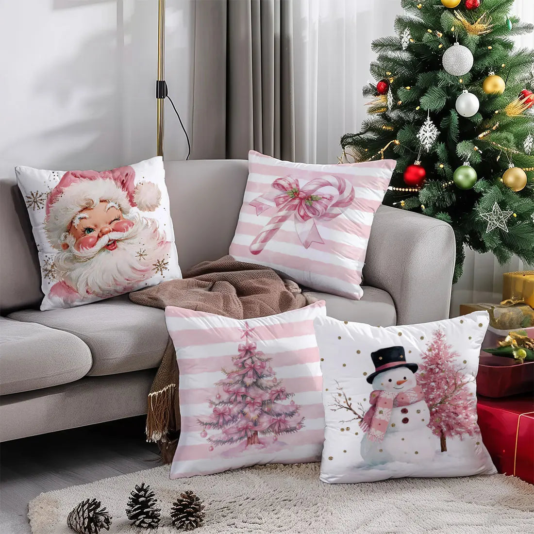 45 * 45cm Pink Christmas Throw Pillow Cover Pink Striped Snowman Christmas Tree Cane Santa Claus for Home  Sofa Cushion Cover