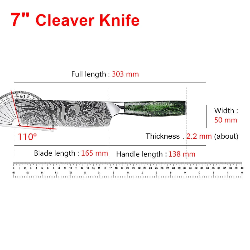 Super Sharp Damascus Pattern Kitchen Knife Set High Quality Chef Santoku Boning Paring Knife Series Green Resin Handle Nice Gift
