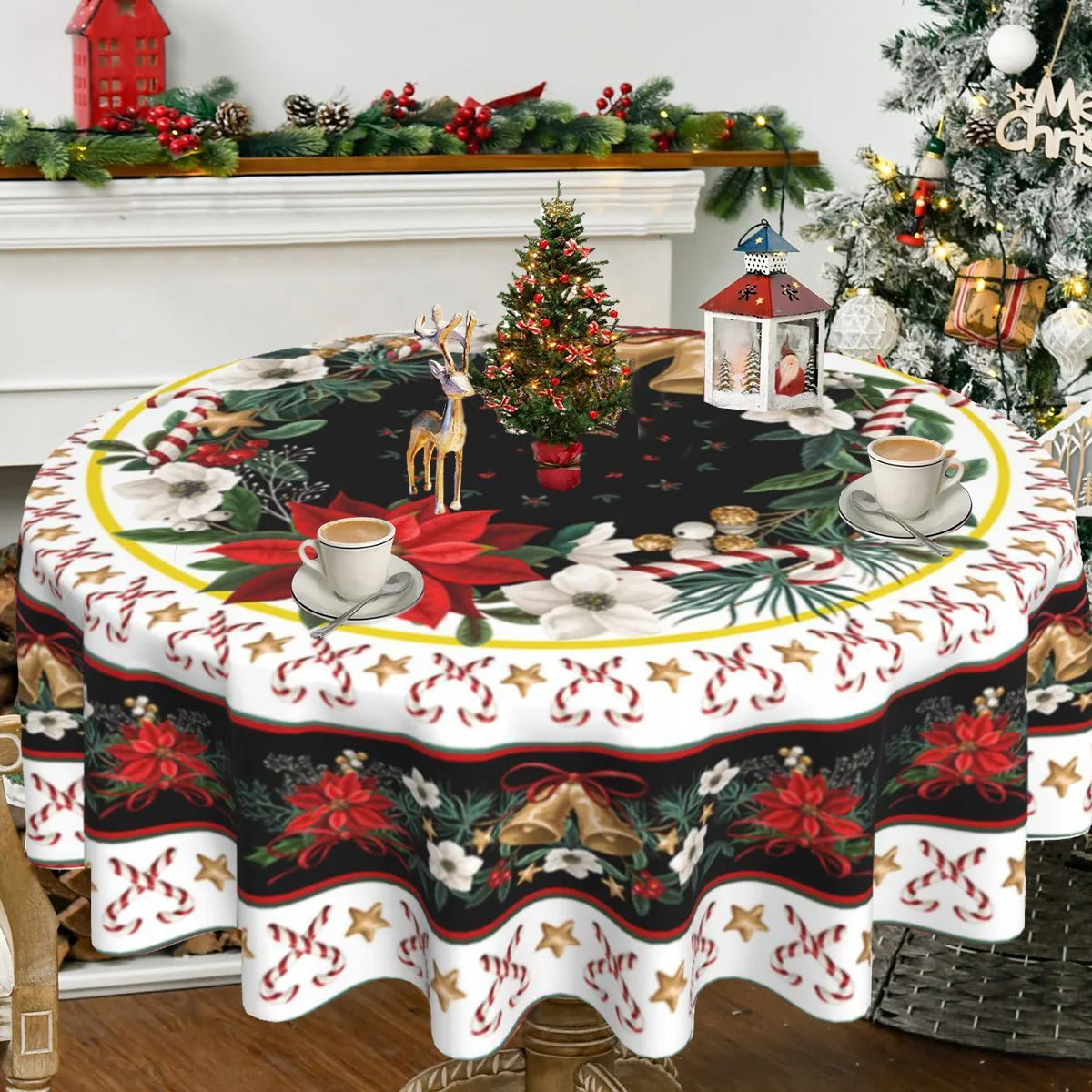 Christmas Tablecloth Black Merry Christmas Round Table Cloth Christmas Elk and Presents Table Cover Fabric Home Decoration Gift