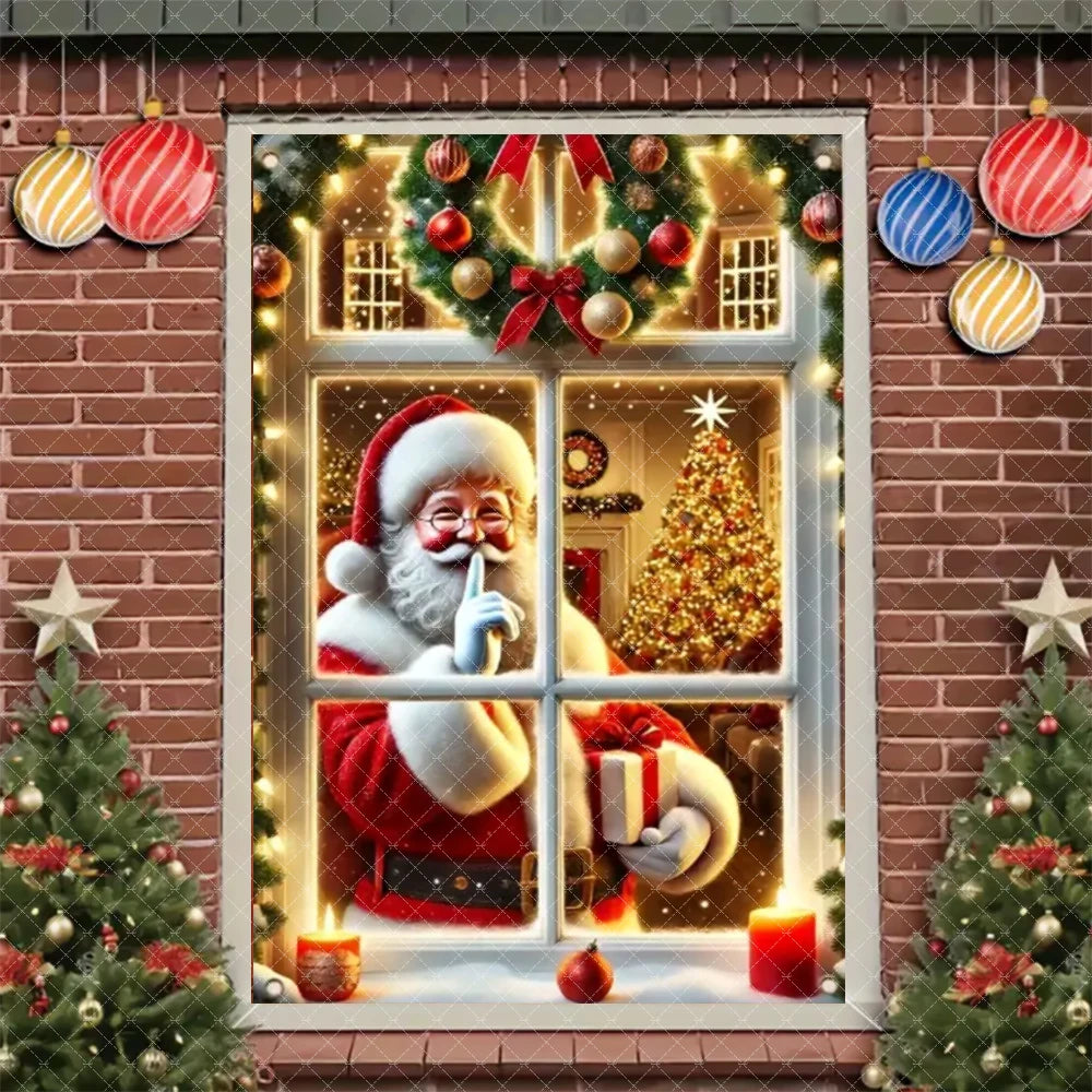 Merry Christmas Door Banner Santa Claus Window Hanging Christmas Tree Snowman Backdrop Cute Elf Room Supplies Party Decorations