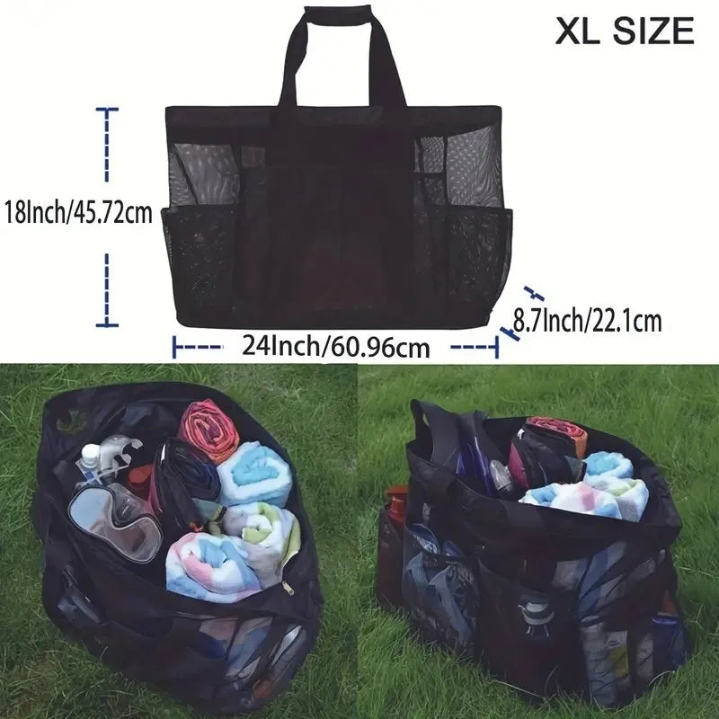 Extra Large Beach Bag - Lightweight, waterproof, foldable, with mesh straps, zippered pockets and fixed shoulder straps