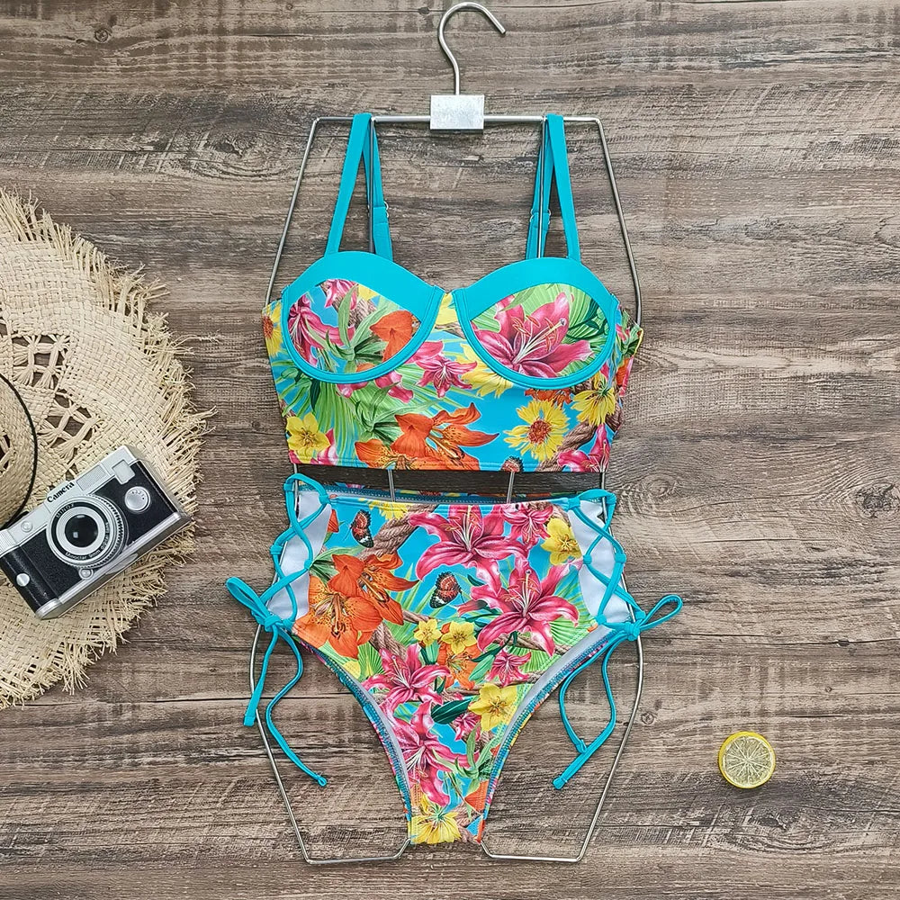 High Waist Schwimmbekleidung 2025: Underwire-Support Mori Girl Style sporlike - Neuer Blatt Druck Vintage Retro Badeanzug Halter Polsterung
