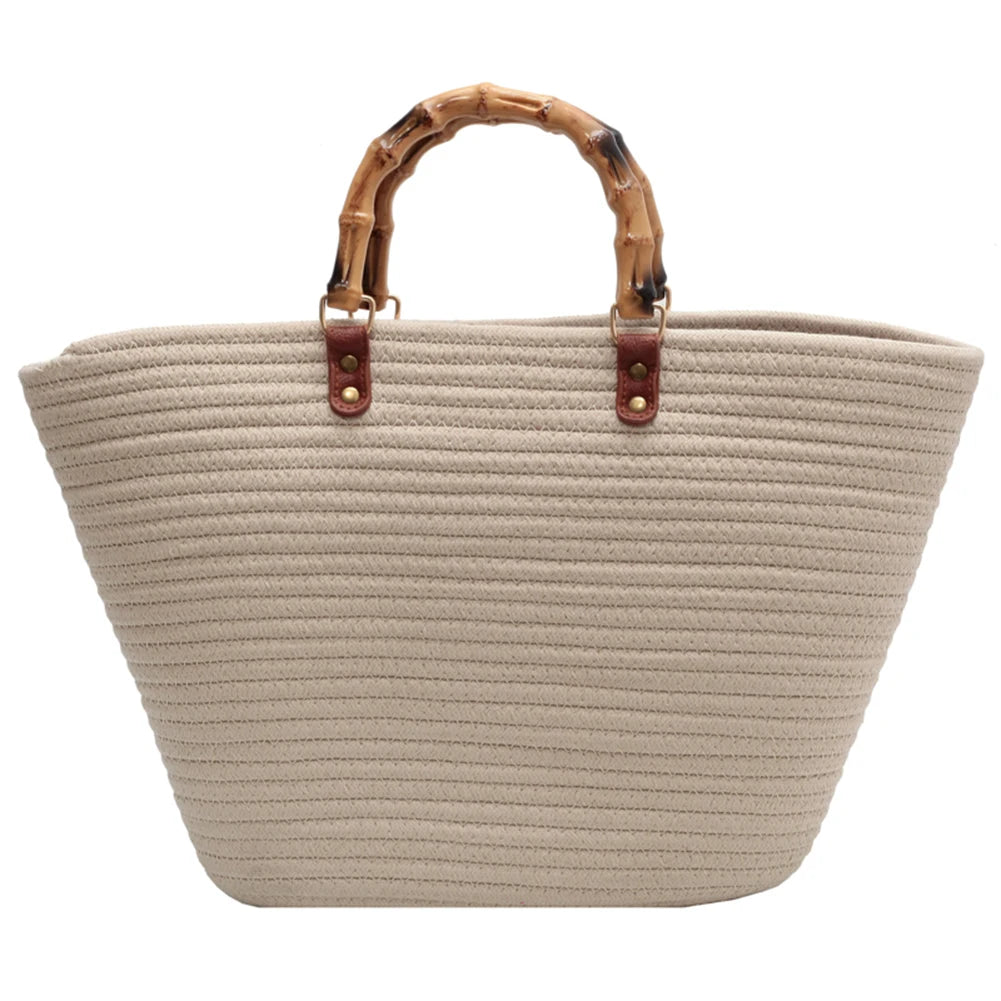 Beach Vacation Bags Bamboo Handle Holiday Hand Bag Large Capacity Striped Portable Casual Fashion Exquisite for Seaside Party