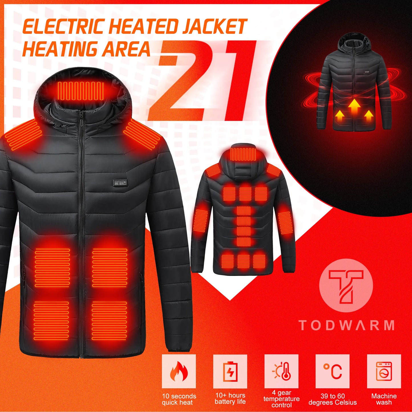 TODWARM M09 Beheizte Jacke Mit 21 Heizzonen - Kapazität Akku Hoch, Heizleistung USB, Größe M