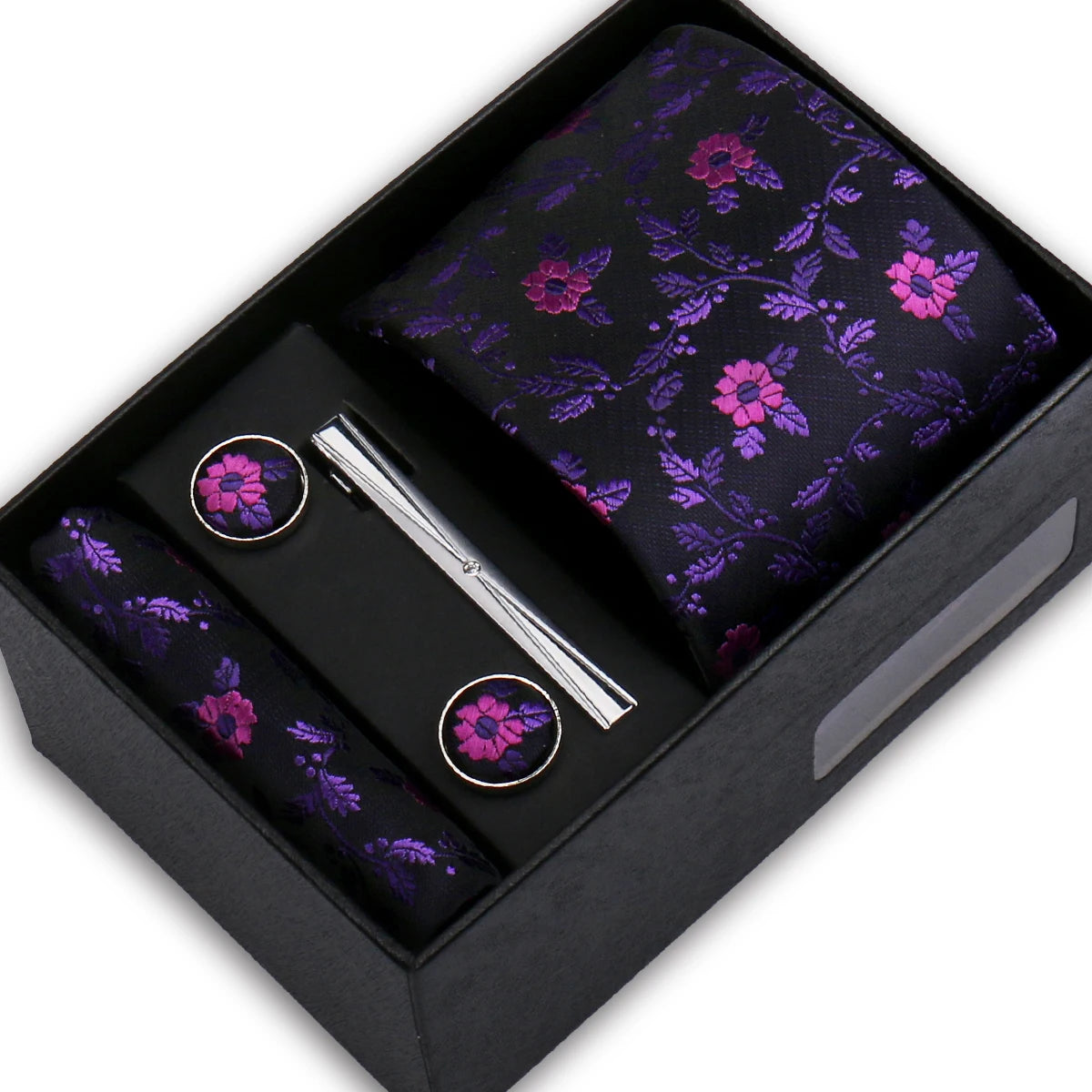 Elegant Men's Suit Necktie Gift Box Set Floral Tie Handchief Cufflinks Tie Clip 4-Piece Business Wedding Party Suit Accessories