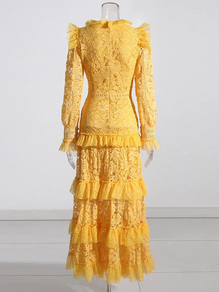 TWOTWINSTYLE Elegant Dresses For Women Stand Collar Long Sleeve High Waist Embroidery Slim Dress Female Fashion Clothing 2023