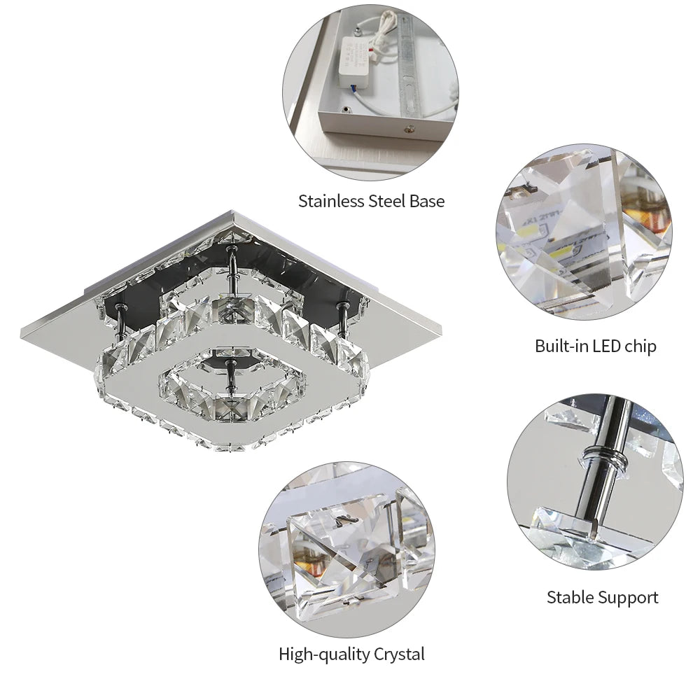 Crystal LED Ceiling Light Modern Ceiling Lamp 12W 6500K Modern Square Ceiling Light LED Chandelier for Kitchen Bedroom,Dia 20cm