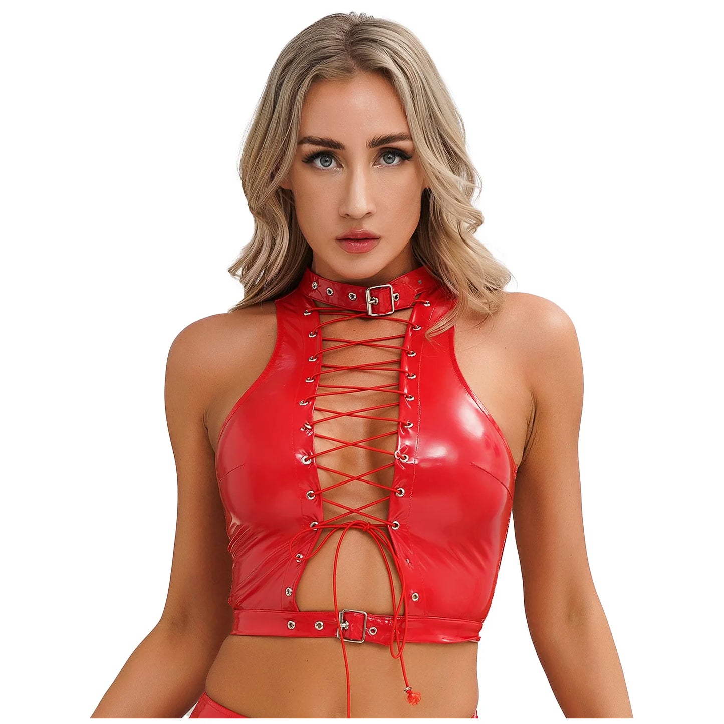 Womens Glossy Patent Leather Latex Vest Tops Rave Outfit Clubwear Glossy Corset Waistcoat Notch Lapel Slim Fit Camisole Crop Top