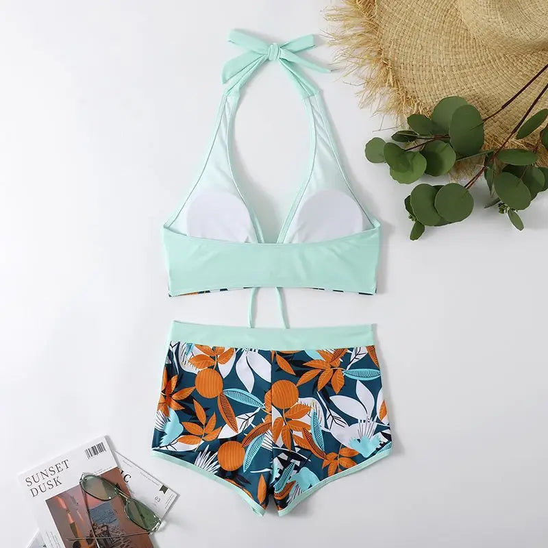 Halter Bikini Set High Waist Design Wire-Free Support Spandex Polyester Kurzer Schwimmanzug