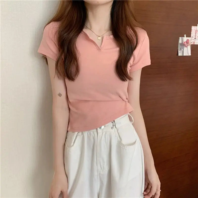 Damen Crop Top 2025 - Summer Short T-shirt V-neck Solid Color Slim High Waist