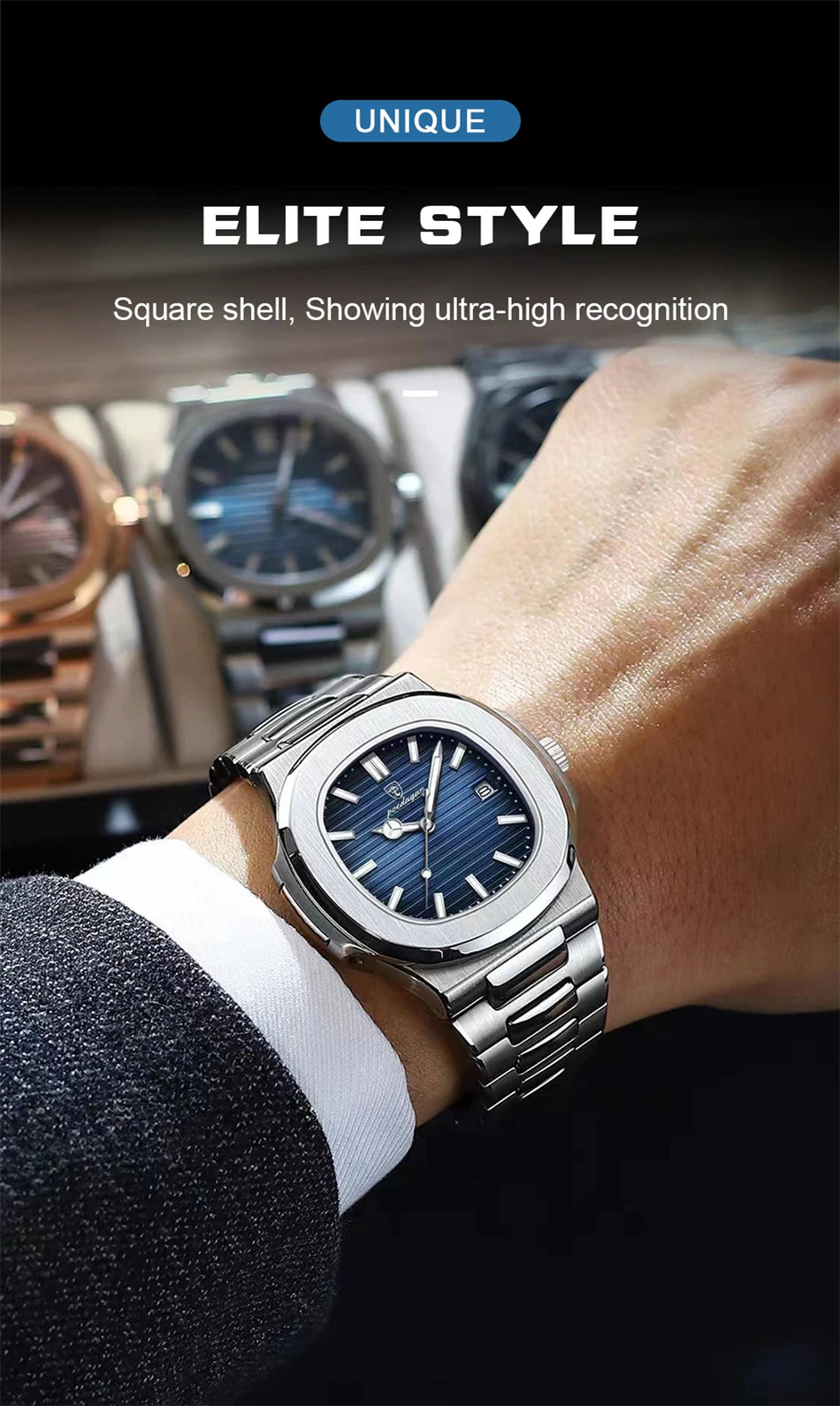 POEDAGAR Luxury Watch 2024 New Business Waterproof Male Clock Luminous Date Stainless Steel Square Quartz Men Watch reloj hombre