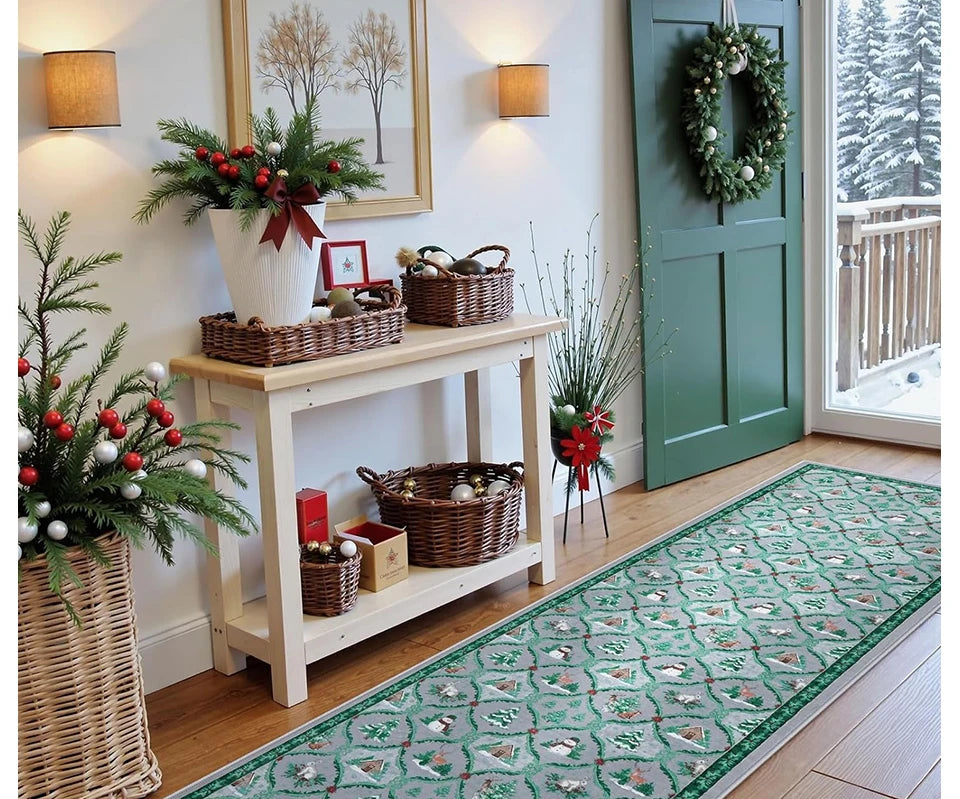 Runner Rug Corridor Non-slip Machine Washable Easy To Fold Floor Mat Green Plaid Snowman Rugs Christmas Gift Home Decoration Mat