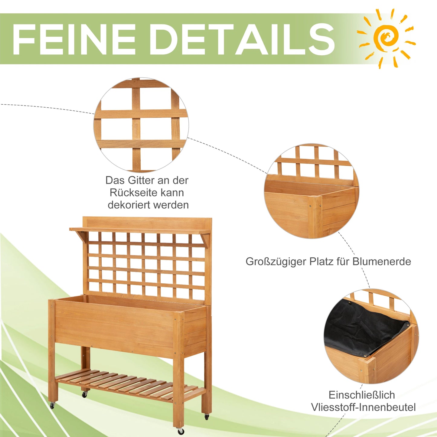 GartenPro Hochbeet Holz Mit Rankgitter Räder 105x40x135 cm