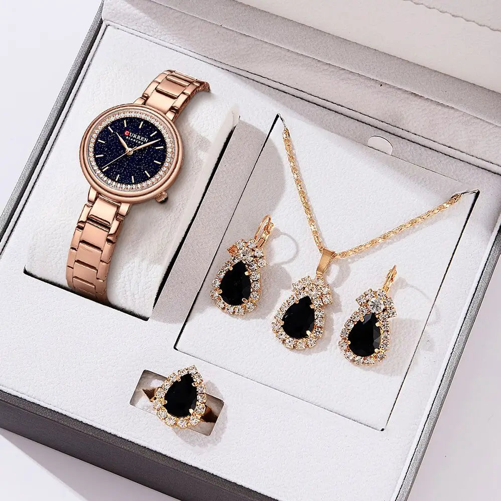 CURREN Luxus Uhr Damen Ring Halskette Ohrringe - Strass Mode Armbanduhr Weiblich Casual Damen Uhren Armband 5-teiliges Set