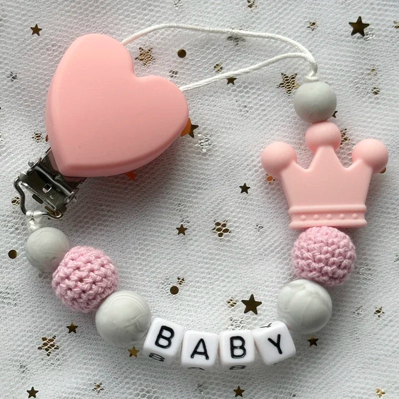 NEW Custom Personalized Name Pacifier Clip Handmade Beech Wooden Chain Silicone Crown Holder Soother Baby Teething Toy Chew Gift