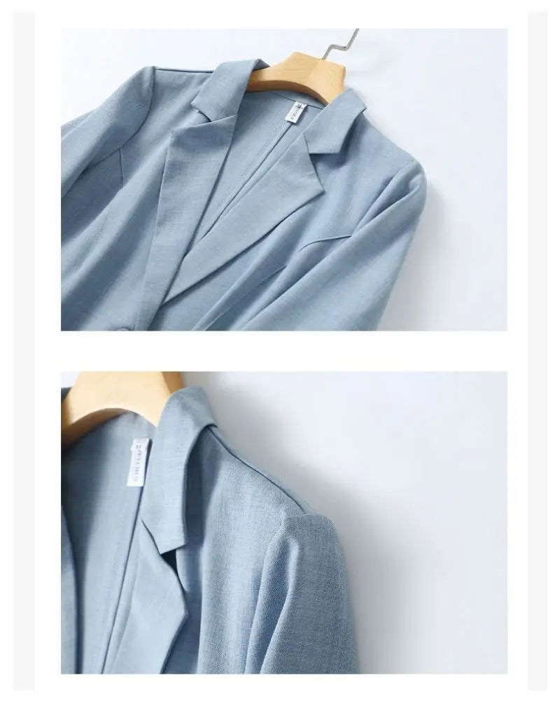 Blue Solid Casual Turn-Down Collar Single Button Three Quarter Sleeve Women's Jacket Suit Blazer Short Jackets Coat 2024 Fashion