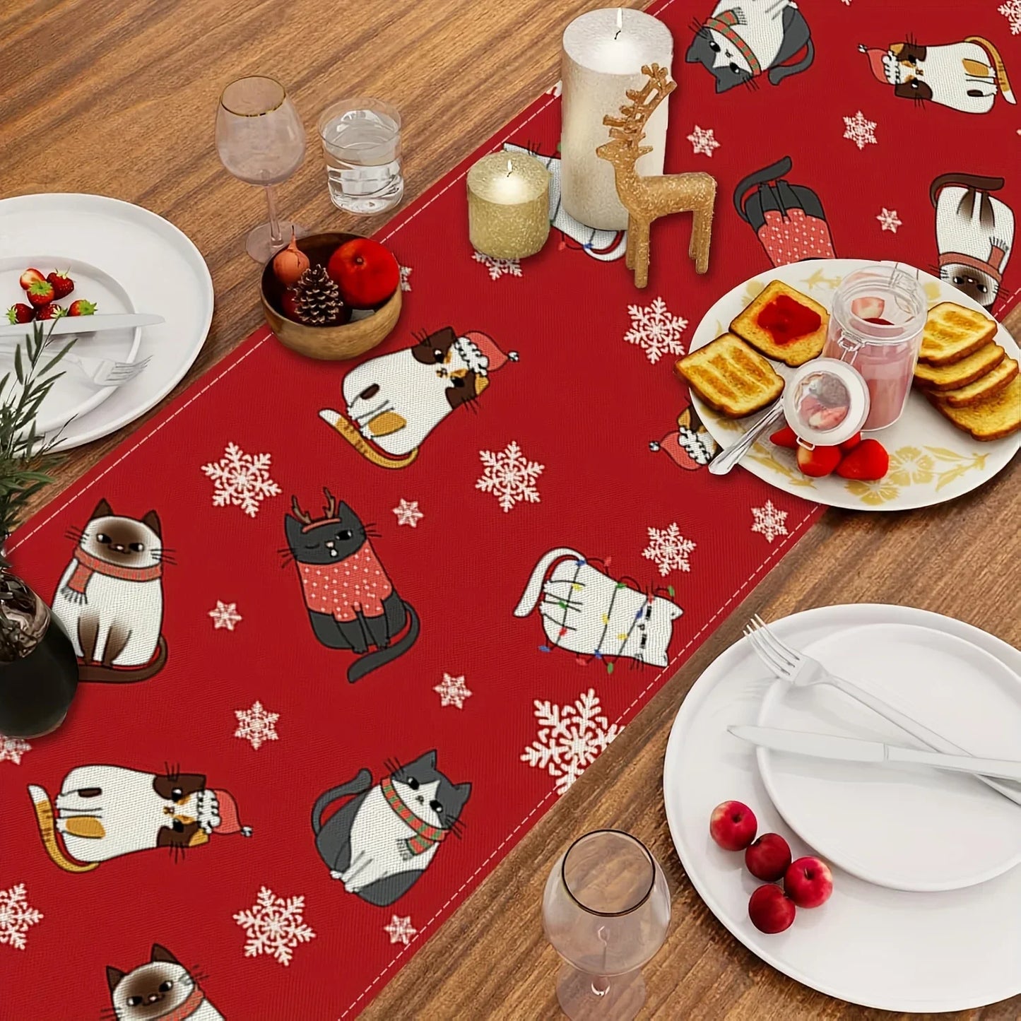 1 Cute Christmas Cat Table Runner with Snowflakes and "Meowy Christmas" Text Pattern, Suitable for Christmas Family Banquets