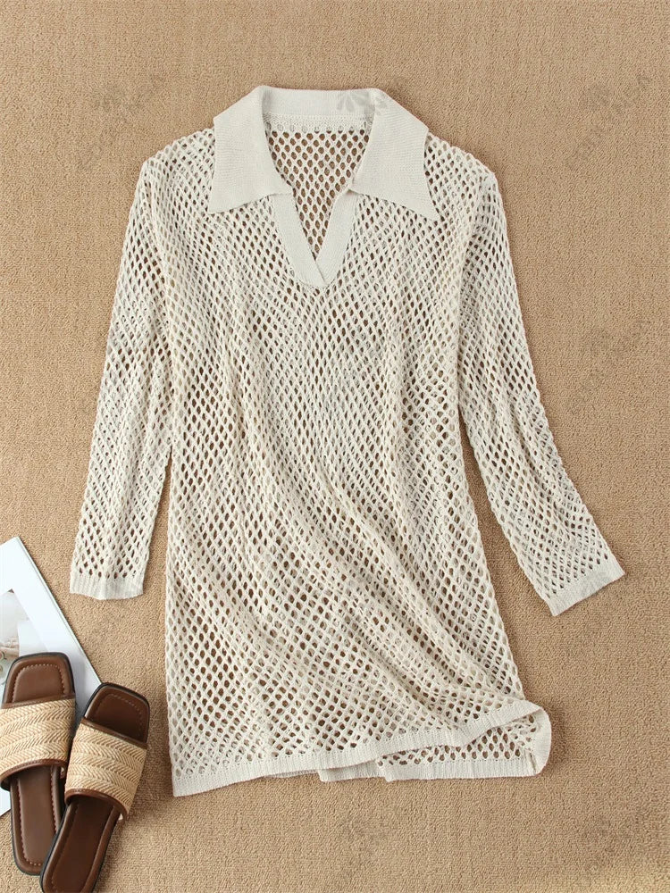 Einfarbig Strand Stricken Mini Kleid - Frauen Sommer Elegant Dekorative Details Langarm - Badeanzug Cover Up Boho Urlaub Lose Beachwear