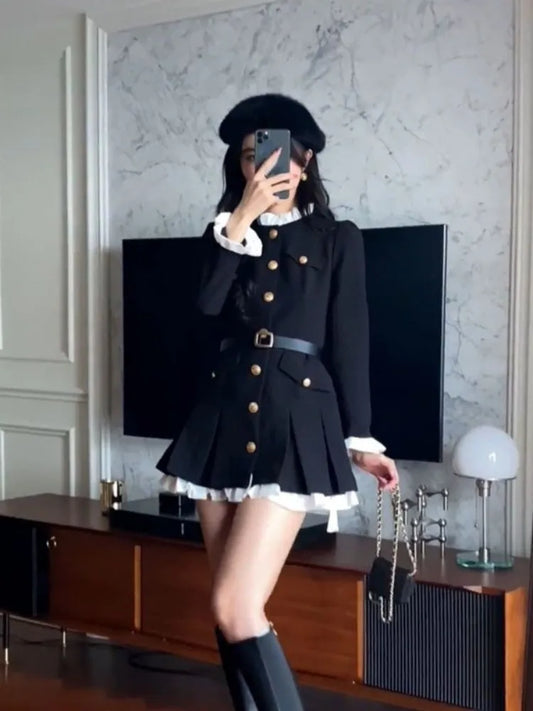 Elegant Woman Party Dress Slim Waist Single Breasted Robe Femme 2025 Vestidos De Mujer Vintage Y2k Contrast Color A-line Dresses