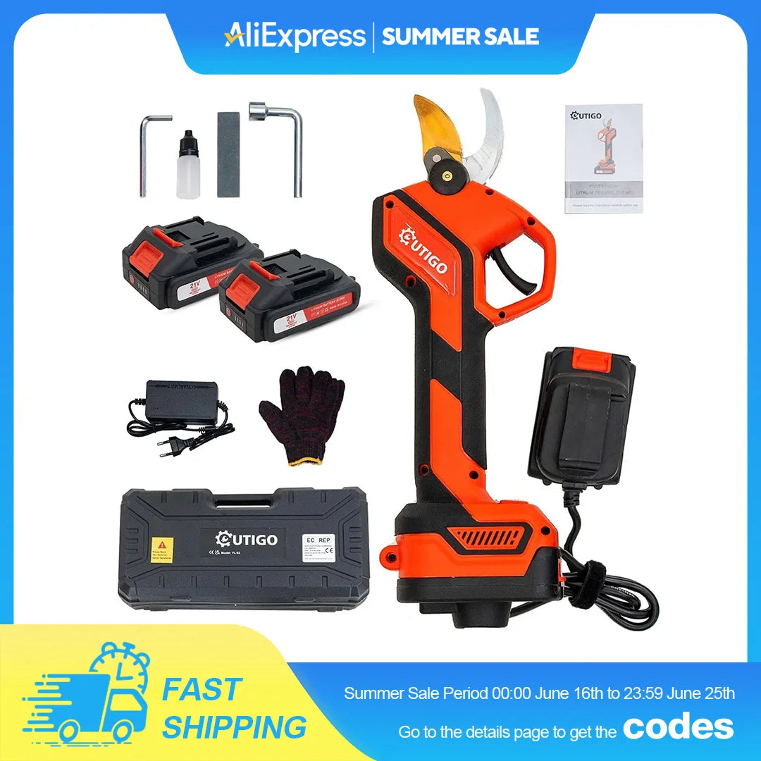 OUTIGO Kabellose Elektrische Gartenschere - 25mm 2x1500mAh mit 2x 21V Akkus für Obstbäume und Weinberge