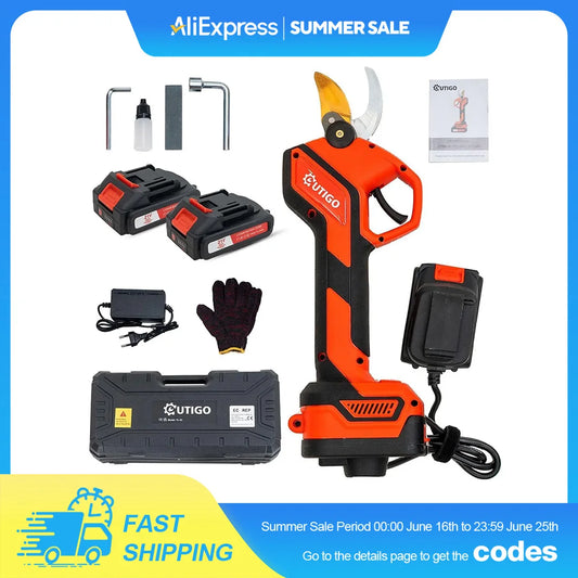 OUTIGO Kabellose Elektrische Gartenschere - 25mm 2x1500mAh mit 2x 21V Akkus für Obstbäume und Weinberge