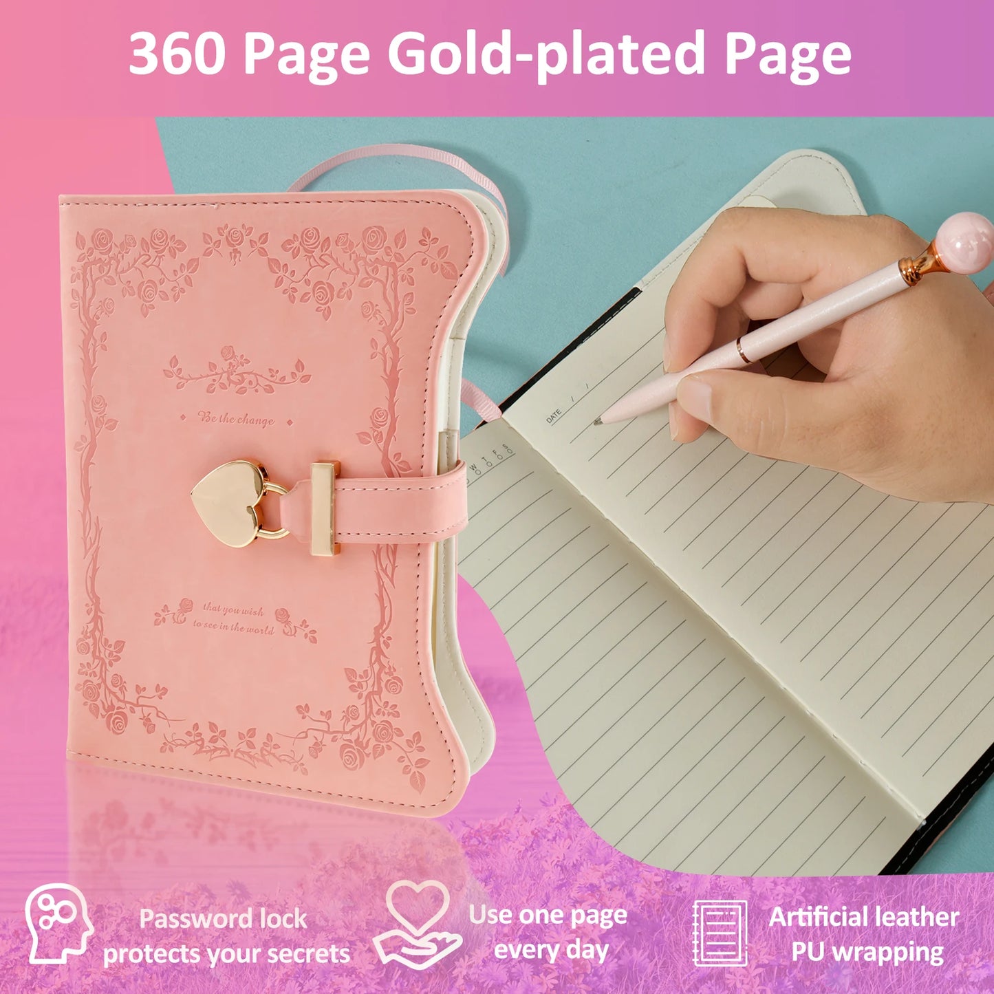 B6 360 Pages PU Leather Book with Lock Diary Thickened Creative Hand Ledger Student Notepad Stationery Notebook Binder Journal
