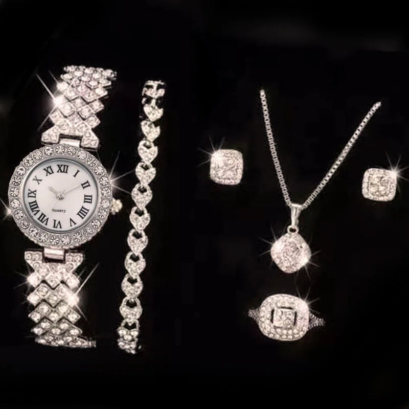Mode Luxus Vollkristall 5-teiliges Set - Uhr Halskette Ohrringe Ring Set für Damen - Strass Armbanduhr Damen Armband Set Geschenk