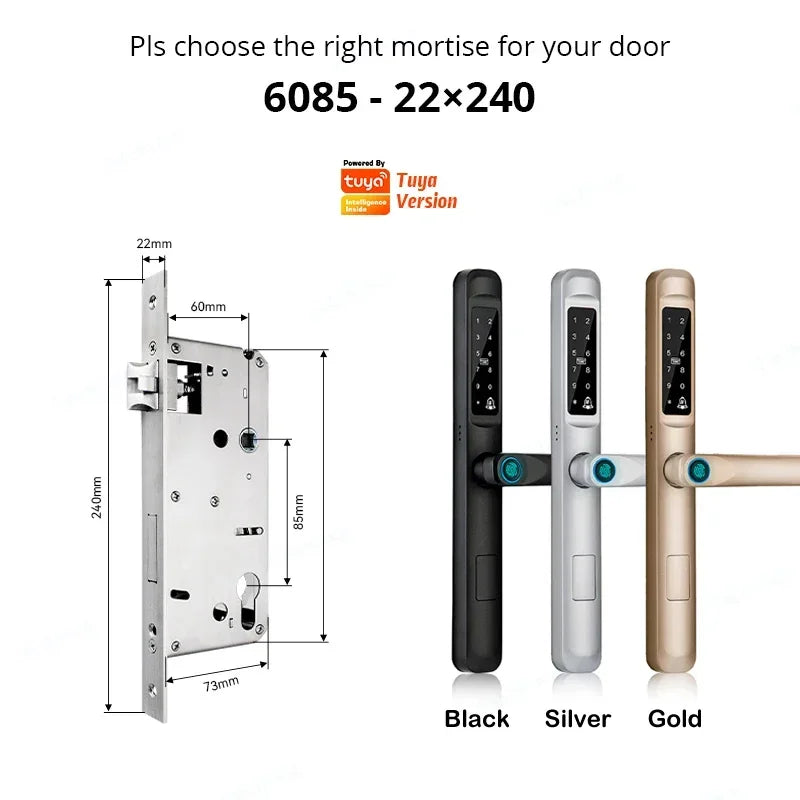 92/85mm Wasserdichter Outdoor-Fingerprint-TUYA-WIFI-APP-RFID-Karten-Code-Schlüssellos-Smart-Elektronischer-Türschloss-Aluminium/Glas-Schiebe