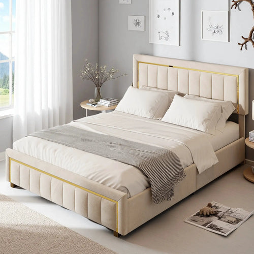 Doppelbett 140x200cm Mit Stauraum Hydraulik Kopfteil Samt Beige